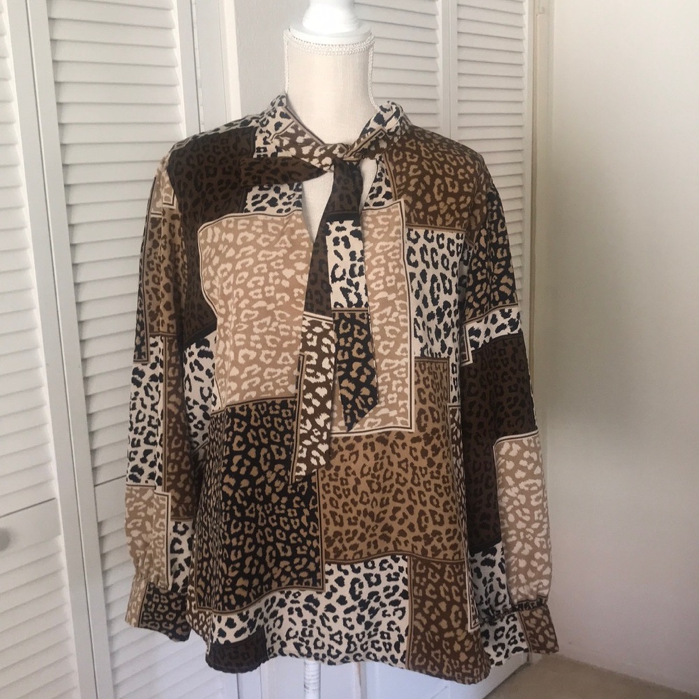 Alice Blue‎ animal print blouse with neck tie size 3X black, brown, tan, beige